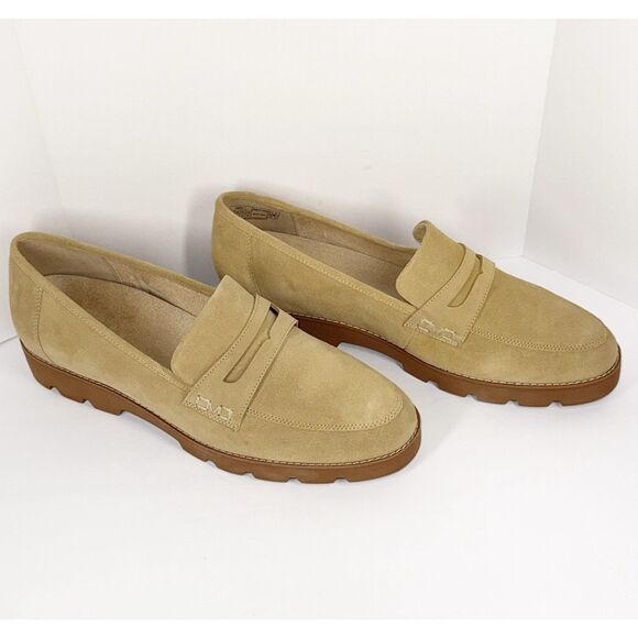 Vionic Cheryl Penny Loafer Tan Suede Lug Sole Comfort Chunky Classic 12W Wide - Picture 7 of 16